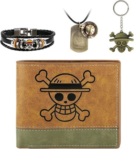 4 PCS OP Bifold Wallet Anime Set (Straw Hat Mens Wallet + LuFei Skull Pendant Necklace + OP Keychain + OP Bracelet) Good Gift for Anime Fans in Saudi Arabia