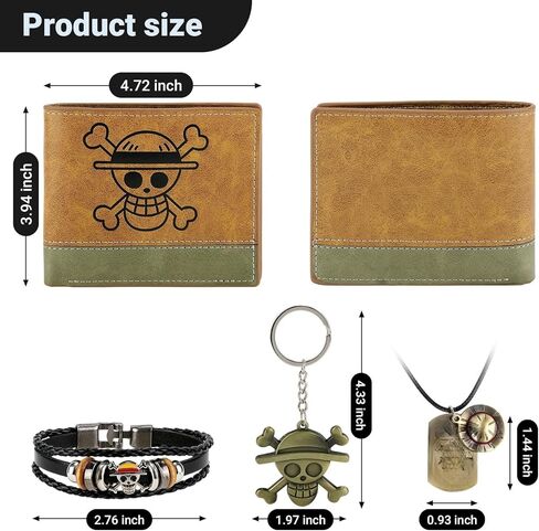 4 PCS OP Bifold Wallet Anime Set (Straw Hat Mens Wallet + LuFei Skull Pendant Necklace + OP Keychain + OP Bracelet) Good Gift for Anime Fans in Saudi Arabia