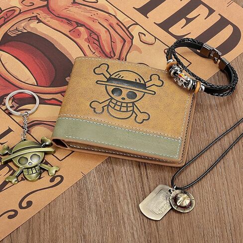 4 PCS OP Bifold Wallet Anime Set (Straw Hat Mens Wallet + LuFei Skull Pendant Necklace + OP Keychain + OP Bracelet) Good Gift for Anime Fans in Saudi Arabia