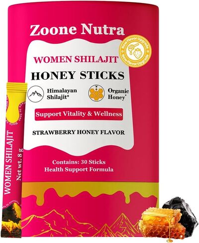 أعواد عسل شيلاجيت للنساء بنكهة الفراولة | شيلاجيت بالشاتافاري والزعفران | الطاقة الطبيعية والتوازن الهرموني والتركيز ودعم الحيوية | عبوات العسل العشبية المعززة للعافية - 30 عودًا in Kuwait