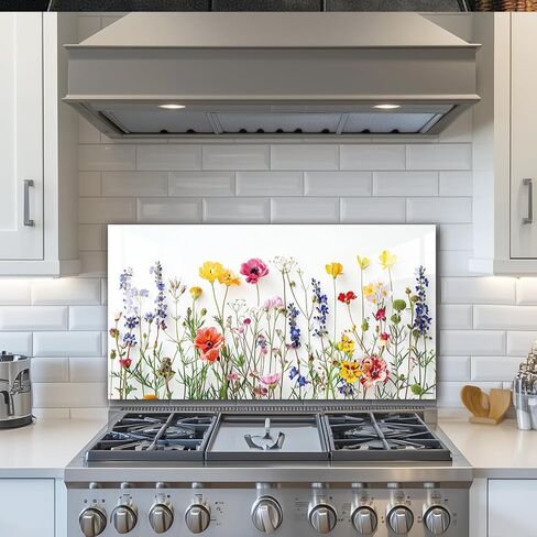 LMSDYSHU White background flowers Tempered Glass Backsplash for Kitchen,Frameless, Stove Backsplash Protector for Wall,Easy to Clean, Home Decor (30"x16") in Saudi Arabia