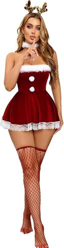 FHSEER-Santa Lingerie for Women Set Babydoll 2 Pcs Sexy Christmas Outfits Red Chemise Teddy Bodysuit Mrs Claus Costume in Kuwait