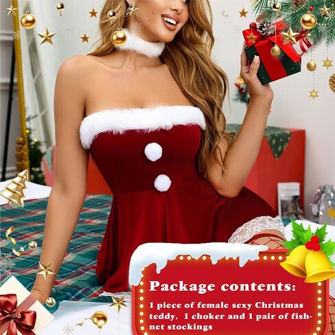 FHSEER-Santa Lingerie for Women Set Babydoll 2 Pcs Sexy Christmas Outfits Red Chemise Teddy Bodysuit Mrs Claus Costume in Kuwait