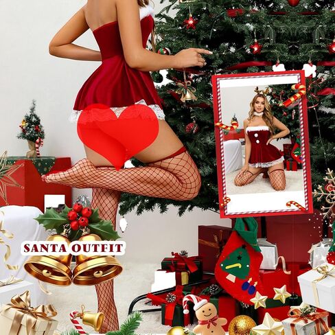 FHSEER-Santa Lingerie for Women Set Babydoll 2 Pcs Sexy Christmas Outfits Red Chemise Teddy Bodysuit Mrs Claus Costume in Kuwait