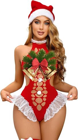 FHSEER-Santa Lingerie for Women Set Babydoll 2 Pcs Sexy Christmas Outfits Red Chemise Teddy Bodysuit Mrs Claus Costume in Saudi Arabia