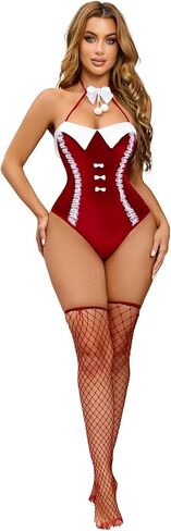 FHSEER-Santa Lingerie for Women Set Babydoll 2 Pcs Sexy Christmas Outfits Red Chemise Teddy Bodysuit Mrs Claus Costume in Kuwait