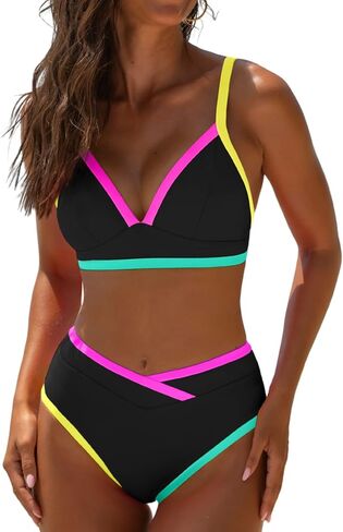 popvil High Waisted Bikini Sets for Women Neon Two Piece Swimsuit Sexy High Cut 2026 Bathing Suit in Kuwait