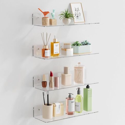 HANGE 4-Pack Clear Acrylic Floating Shelves, 12" Invisible Wall Mounted Shelves – Space-Saving Storage for Kids’ Books, Bathroom, Bedroom, Kitchen, Living Room – Modern Display Organizer in Saudi Arabia