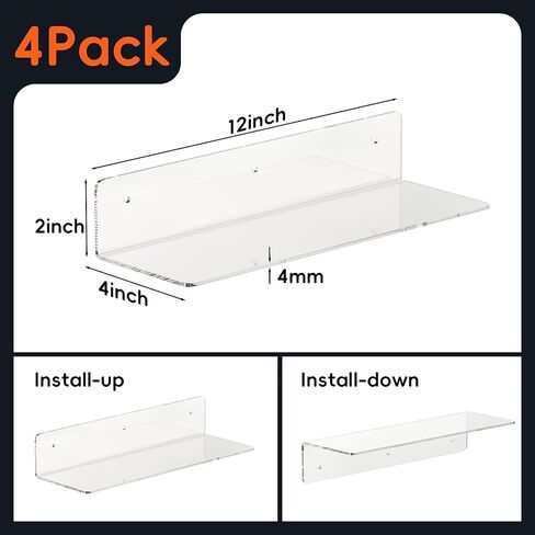 HANGE 4-Pack Clear Acrylic Floating Shelves, 12" Invisible Wall Mounted Shelves – Space-Saving Storage for Kids’ Books, Bathroom, Bedroom, Kitchen, Living Room – Modern Display Organizer in Saudi Arabia