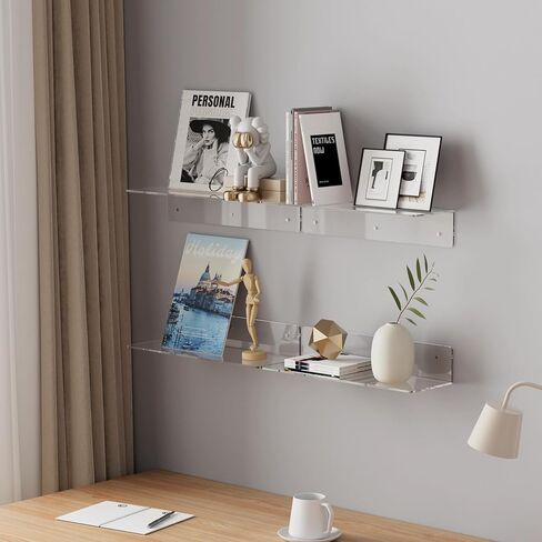 HANGE 4-Pack Clear Acrylic Floating Shelves, 12" Invisible Wall Mounted Shelves – Space-Saving Storage for Kids’ Books, Bathroom, Bedroom, Kitchen, Living Room – Modern Display Organizer in Saudi Arabia