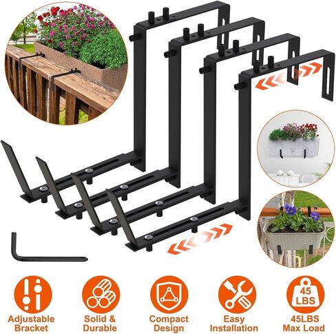 Adjustable heavy-duty wrought iron flower rack bracket | 6.1-11.6 inch telescopic tray+2.36-6.9 inch double adjustable hook | Indoor and outdoor rust proof black railing no drilling wall mounted windo in Saudi Arabia