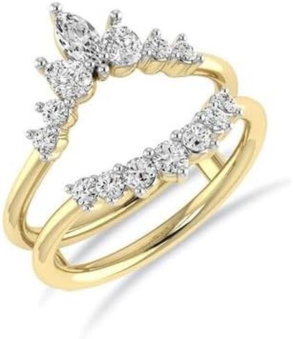 Jewels by Parijaat 0.50 CTTW قطع ماركيز مكون من قطع ماسية بيضاء مكونة من ثلاثة أحجار خاتم حماية معزز لخطوبة الزفاف ومطلي بالذهب الأصفر عيار 14 قيراط من الفضة الإسترلينية عيار 925 in Kuwait