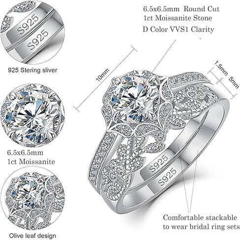 WES 1CT Moissanite Bridal Ring Set - 925 Sterling Silver Stackable D Color VVS1 Olive Leaf Design Moissanite Engagement Promise Wedding Rings for Women, Size 4-11 in Saudi Arabia