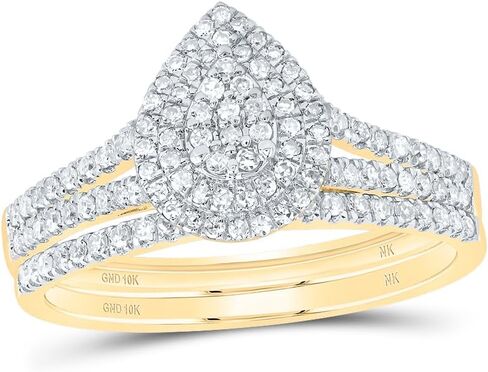 مجموعة مجوهرات جويلز باي لوكس 10 قيراط من الذهب الأصفر 3/8 قيراط والماس الطبيعي والكمثرى وهالة مزدوجة لحفلات الزفاف والخطوبة والذكرى السنوية، مقاس نسائي: 5-9 in Kuwait