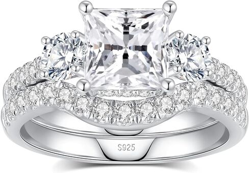 3.34CTTW Princess Cut Moissanite Wedding Ring Set for Women D Color VVS1 925 Sterling Silver 18K White Gold Plated Moissanite Engagement Ring with Matching Band Bridal Rings in Saudi Arabia