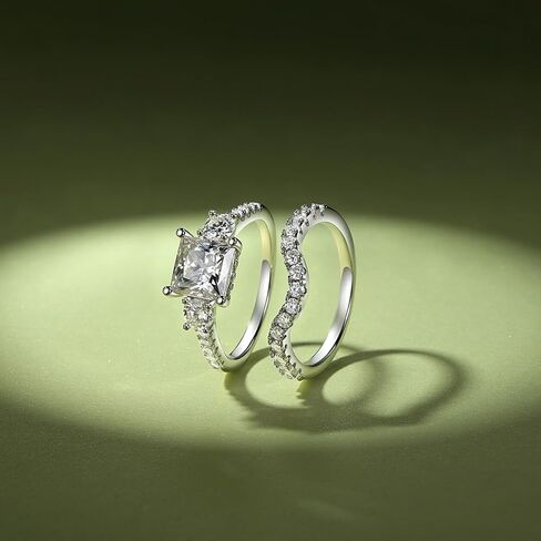 3.34CTTW Princess Cut Moissanite Wedding Ring Set for Women D Color VVS1 925 Sterling Silver 18K White Gold Plated Moissanite Engagement Ring with Matching Band Bridal Rings in Saudi Arabia