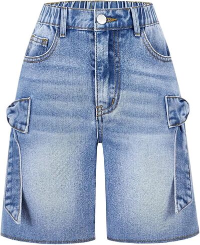 WDIRARA Girl's Bow Denim Shorts Straight Leg Raw Hem Bermuda Denim Shorts with Pockets in Saudi Arabia