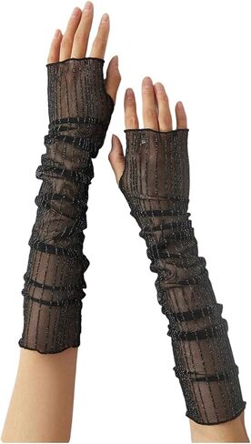 OYOANGLE Women's Glitter Lace Sheer Arm Sleeve Elbow Length Fingerless Long Tulle Gloves in Saudi Arabia