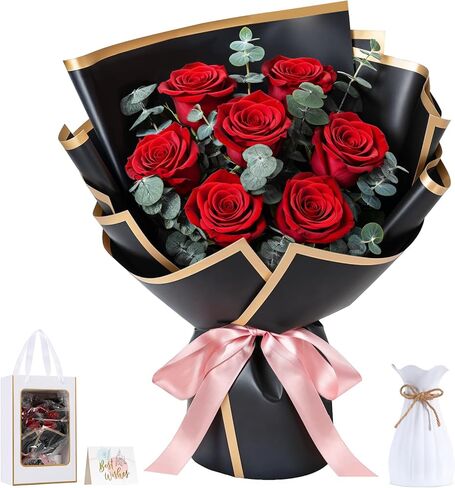 Lewondr Flower for Delivery, Preserved Flowers Bouquet, Red Roses Bouquet, Real Long-Lasting Forever Birthday Flowers Gifts for Her Wife Girlfriend Valentines Day Anniversary Mothers Day, Black-Red in Saudi Arabia