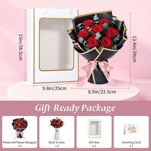Lewondr Flower for Delivery, Preserved Flowers Bouquet, Red Roses Bouquet, Real Long-Lasting Forever Birthday Flowers Gifts for Her Wife Girlfriend Valentines Day Anniversary Mothers Day, Black-Red in Saudi Arabia