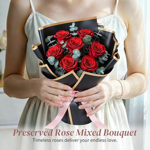 Lewondr Flower for Delivery, Preserved Flowers Bouquet, Red Roses Bouquet, Real Long-Lasting Forever Birthday Flowers Gifts for Her Wife Girlfriend Valentines Day Anniversary Mothers Day, Black-Red in Saudi Arabia