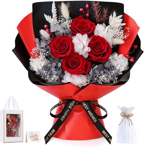 Lewondr Flower for Delivery, Preserved Flowers Bouquet, Red Roses Bouquet, Real Long-Lasting Forever Birthday Flowers Gifts for Her Wife Girlfriend Valentines Day Anniversary Mothers Day, Black-Red in Saudi Arabia