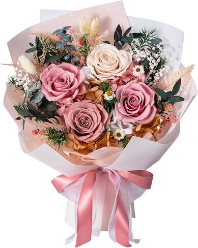 Preserved Flowers Bouquet 4 Roses, Flower for Delivery, Forever Pink Roses & Flowers, Eternal Roses Bouquet, Perfect Anniversary & Birthday Gifts for Women, Mom, Wife, Grandma, Friends in Saudi Arabia
