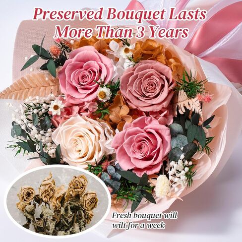 Preserved Flowers Bouquet 4 Roses, Flower for Delivery, Forever Pink Roses & Flowers, Eternal Roses Bouquet, Perfect Anniversary & Birthday Gifts for Women, Mom, Wife, Grandma, Friends in Saudi Arabia
