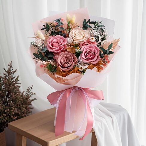 Preserved Flowers Bouquet 4 Roses, Flower for Delivery, Forever Pink Roses & Flowers, Eternal Roses Bouquet, Perfect Anniversary & Birthday Gifts for Women, Mom, Wife, Grandma, Friends in Saudi Arabia
