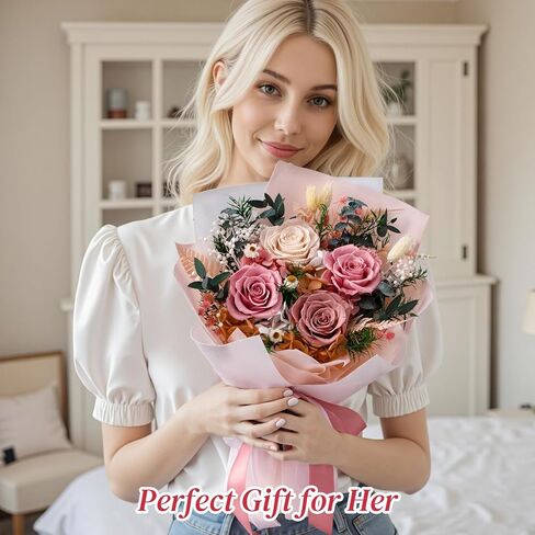 Preserved Flowers Bouquet 4 Roses, Flower for Delivery, Forever Pink Roses & Flowers, Eternal Roses Bouquet, Perfect Anniversary & Birthday Gifts for Women, Mom, Wife, Grandma, Friends in Saudi Arabia