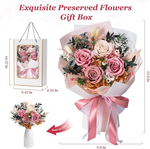 Preserved Flowers Bouquet 4 Roses, Flower for Delivery, Forever Pink Roses & Flowers, Eternal Roses Bouquet, Perfect Anniversary & Birthday Gifts for Women, Mom, Wife, Grandma, Friends in Saudi Arabia