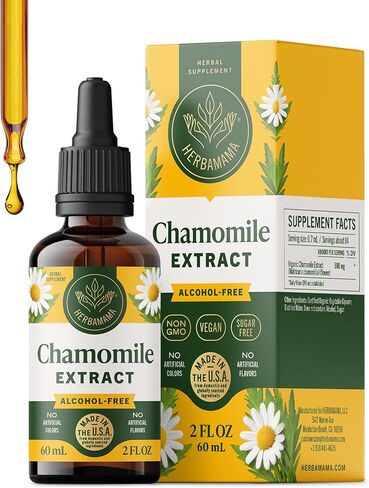 صبغة البابونج من هيرباماما - استرخاء نباتي ودعم هادئ مع قطرات مستخلص زهرة البابونج - مكمل مهدئ سائل خالٍ من الكائنات المعدلة وراثيًا وخالي من الكحول والسكر، كمية تكفي لمدة 28 يومًا in Kuwait