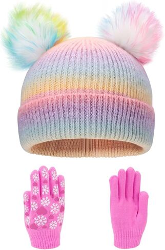 Girls Knit Beanie Hat and Glove Set Tie Dye Rainbow Pom Pom Beanies for Kids Winter Snow Ski Hats Caps 7-12 Years in Saudi Arabia