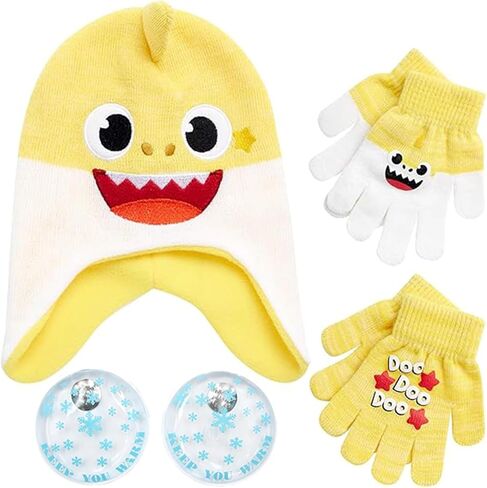 Nicklelodeon Boy's Baby Shark Winter Hat and 2 Pairs of Mittens Set (Toddler/Little Boys), Size Age 2-7, Yellow 3D Glove with Handwarmers in Saudi Arabia