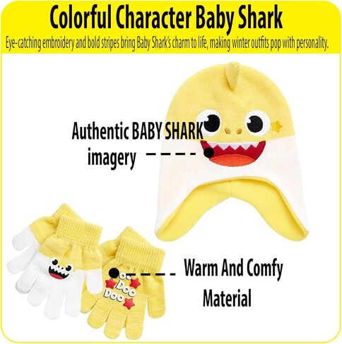 Nicklelodeon Boy's Baby Shark Winter Hat and 2 Pairs of Mittens Set (Toddler/Little Boys), Size Age 2-7, Yellow 3D Glove with Handwarmers in Saudi Arabia
