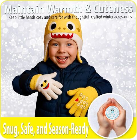 Nicklelodeon Boy's Baby Shark Winter Hat and 2 Pairs of Mittens Set (Toddler/Little Boys), Size Age 2-7, Yellow 3D Glove with Handwarmers in Saudi Arabia
