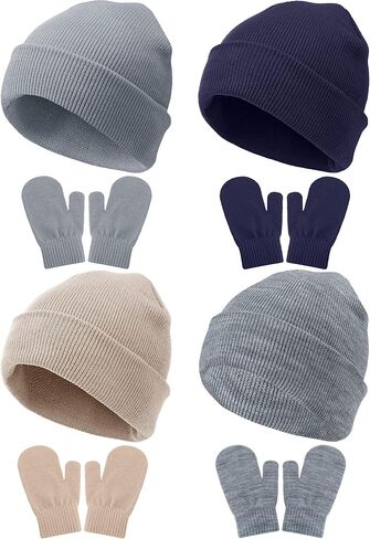 Vicenpal 8 Pack Toddler Winter Hats and Gloves Set Warm Knitted Beanie Hats Mittens Gloves for Toddler Boys Girls 2-6 Years in Saudi Arabia