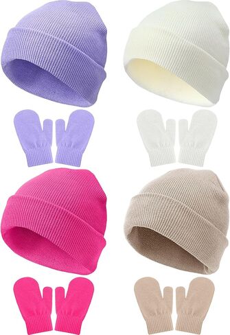 Vicenpal 8 Pack Toddler Winter Hats and Gloves Set Warm Knitted Beanie Hats Mittens Gloves for Toddler Boys Girls 2-6 Years in Saudi Arabia
