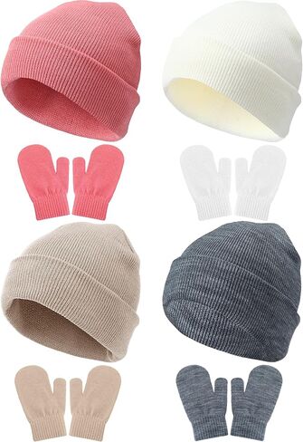 Vicenpal 8 Pack Toddler Winter Hats and Gloves Set Warm Knitted Beanie Hats Mittens Gloves for Toddler Boys Girls 2-6 Years in Saudi Arabia