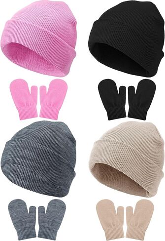 Vicenpal 8 Pack Toddler Winter Hats and Gloves Set Warm Knitted Beanie Hats Mittens Gloves for Toddler Boys Girls 2-6 Years in Saudi Arabia