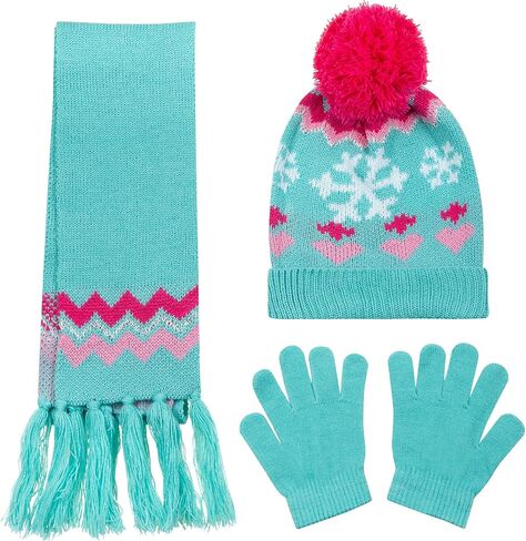 PEAK 2 PEAK Girls 3-Piece Beanie Hat, Scarf & Glove Set – Warm Winter Matching Accessories with Pom-Poms in Saudi Arabia