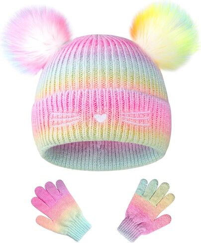 Kids Winter Knit Hat Cat Embroidery Beanie Hat Gloves Set with Double Pompom for Girls 3-14 Years in Saudi Arabia