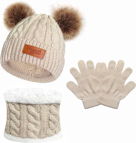 Toddler Kids Winter Hat Gloves Scarf Set, Warm Knit Boys Girls Hats Pompoms Beanie Caps Neck Warmer with Fleece Lined Gifts in Saudi Arabia