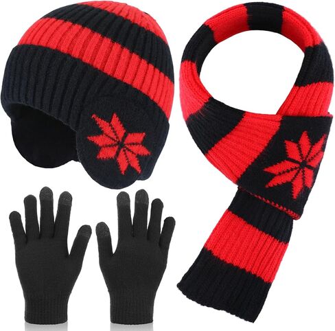 3 Pcs Kids Hat Gloves Scarf Set Winter Knitted Beanie with Earmuffs Double Layer Scarf for Boy Girl 8-12 Years Old in Saudi Arabia