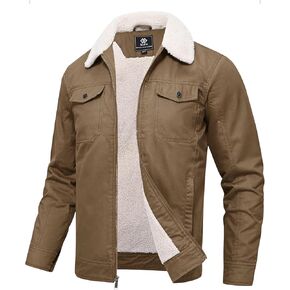 MoFiz Men's Sherpa Lined Cotton Cargo Jacket Turn-down Collar Work Jacket for Men Zip Up Mens Winter Coat with Multi Pockets in Kuwait