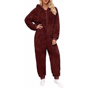 Onesie Pajamas for Women Fleece Fuzzy Hooded Jumpsuit Thermal One Piece Sleepwear Adult Winter Rompers with Pockets in Saudi Arabia