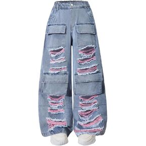 Nivne Tco Girls Ripped Jeans - Wide Leg Fit Cargo Pants with Pockets - Loose Fit Daily Wear Girls Clothes in Saudi Arabia