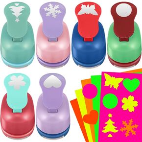 6 Pcs Colorful Craft Hole Punch with 30 Pcs Colorful Craft Sticker Paper Punch 1 Inch Paper Punchers Scrapbook Punches with Craft Sticker Paper, Flower, Round, Star, Square, Heart, Wave Circle Shape in Kuwait