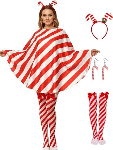 Candy Cane Costume Christmas Costumes Present Poncho With Stockings Women Funny Dress Cosplay Outfit in Saudi Arabia