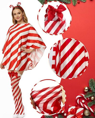 Candy Cane Costume Christmas Costumes Present Poncho With Stockings Women Funny Dress Cosplay Outfit in Saudi Arabia